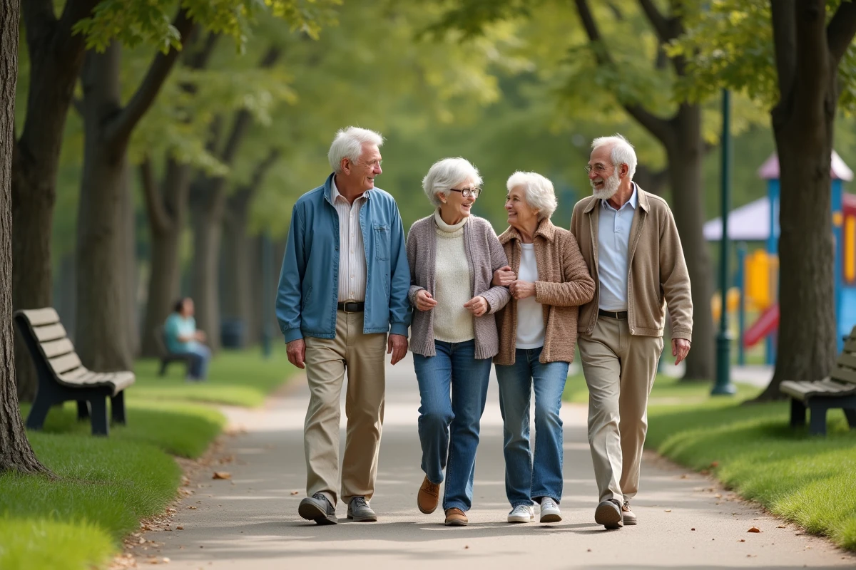 Groupe de seniors marchant dans un parc en discutant