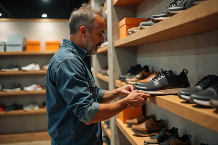 Homme choisissant une sandale ergonomique dans une boutique de chaussures indépendante parmi des marques concurrentes de Birkenstock