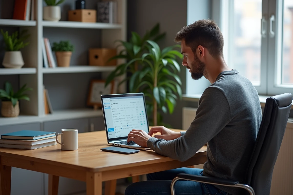 Homme en sweat gris utilise son ordinateur dans un bureau
