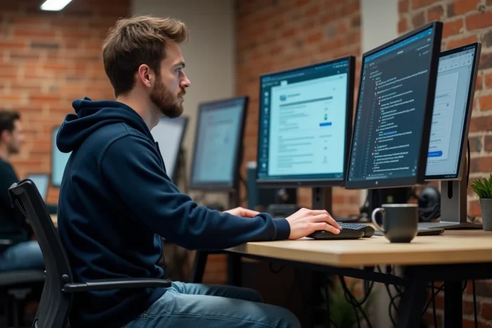 Homme travaillant sur un grand écran dans un espace de co-working avec des outils web et extensions de navigateur
