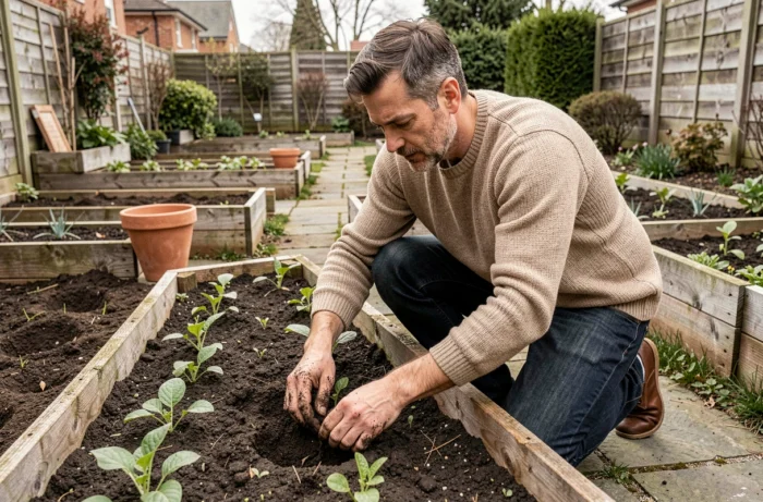 Homme plantant des semis dans un jardin au printemps, illustrant le renouveau, la connexion à la nature et l'énergie saisonnière