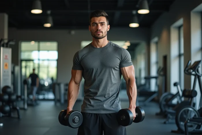 Jeune homme musclé en salle de sport avec haltère