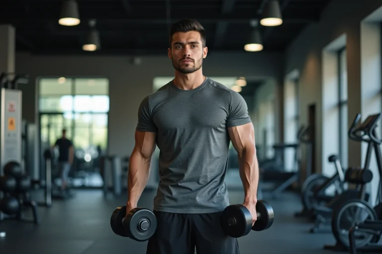 Jeune homme musclé en salle de sport avec haltère