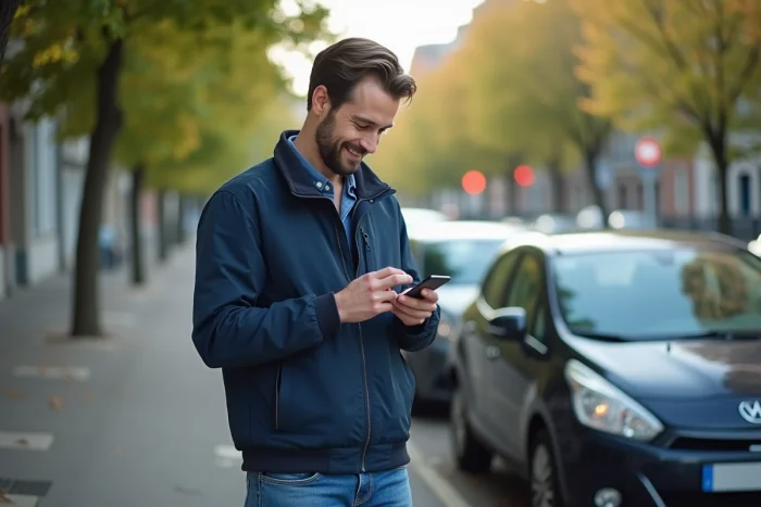 Homme effectuant un paiement sécurisé sur Blablacar depuis son téléphone devant une voiture garée
