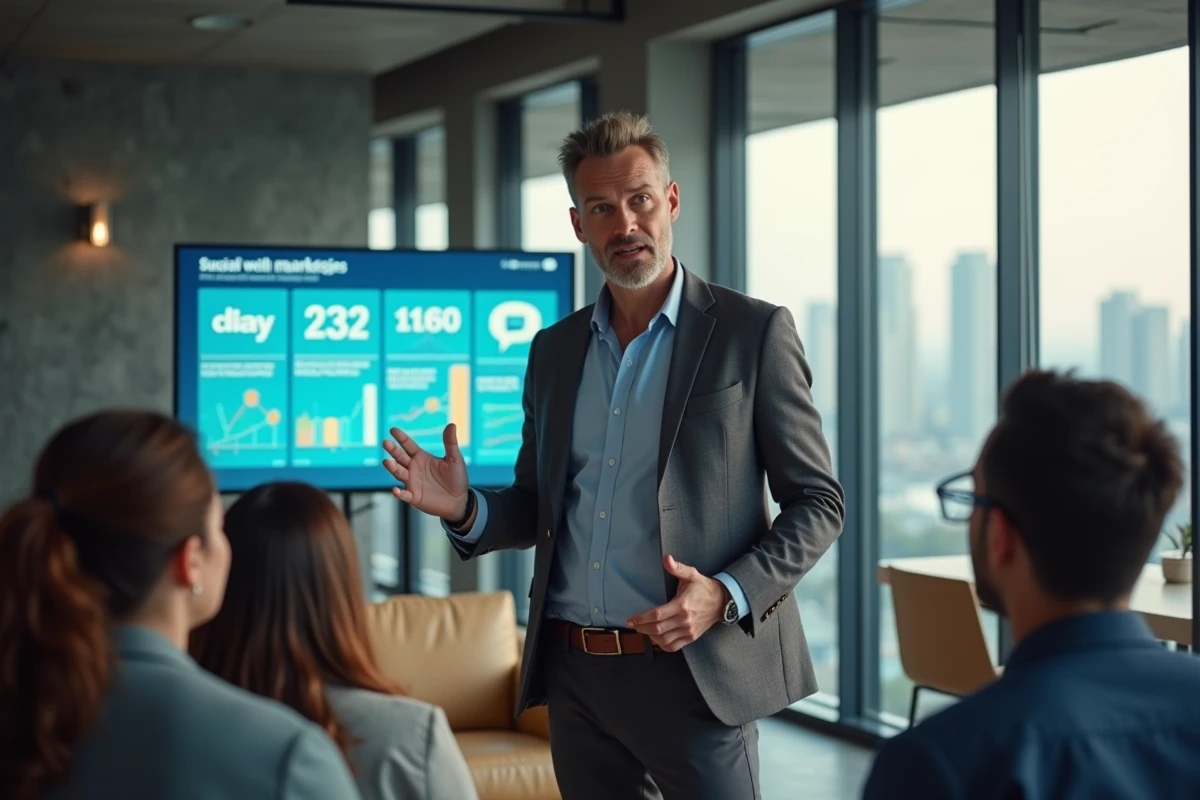 Homme présentant des stratégies marketing en rooftop urbain