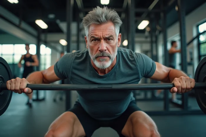 Homme dans la quarantaine effectuant un squat avec haltère dans une salle de sport moderne, tenue de sport respirante, expression d'effort contrôlé