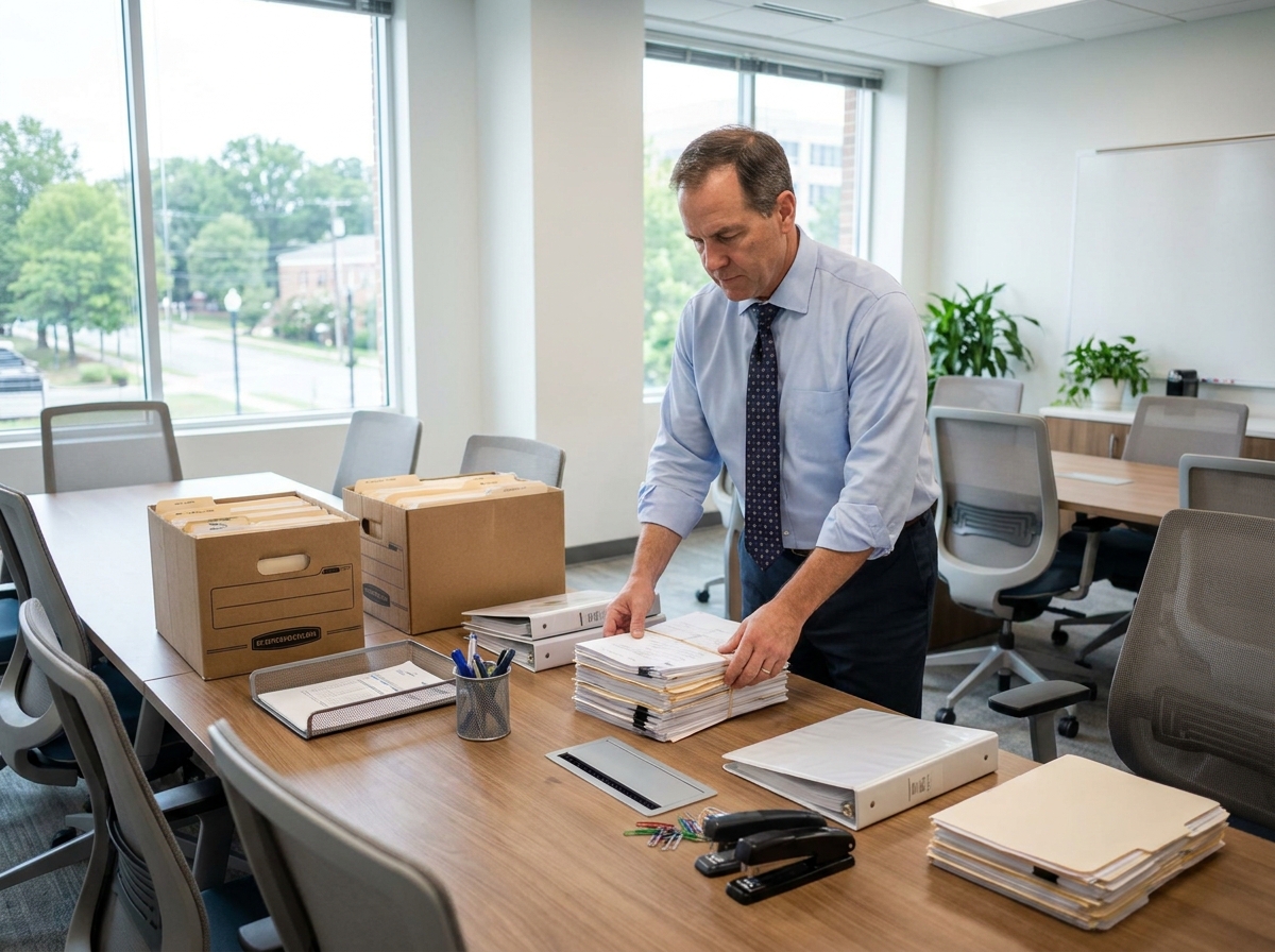 Homme triant des documents dans une salle de réunion