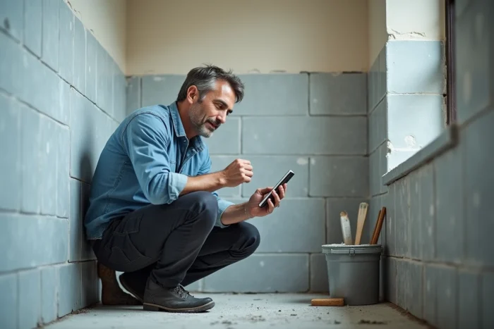 Homme en train de consulter un tutoriel de réparation maison sur smartphone pendant des travaux de carrelage dans une salle de bain