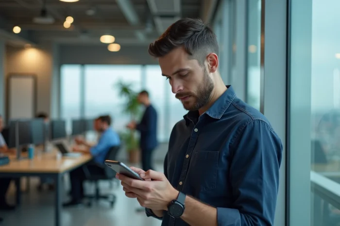 Homme en bureau vérifiant un numéro de mobile inconnu commençant par 06 sur son téléphone