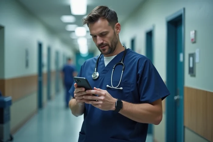 Infirmier consultant une application de gestion des plannings sur smartphone dans un couloir d'hôpital