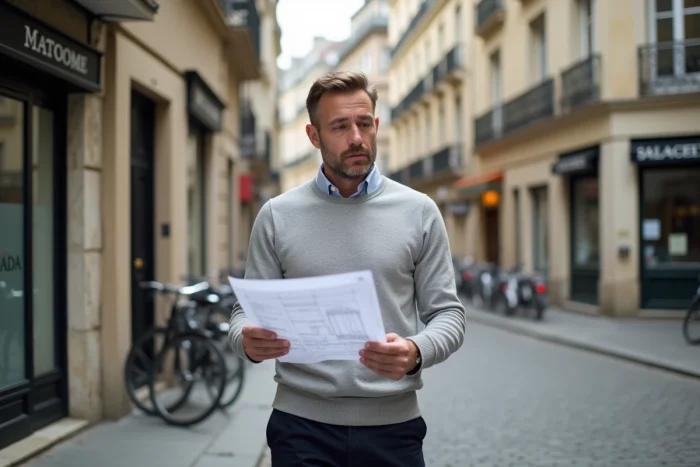 Investisseur immobilier analysant des plans devant des immeubles anciens rénovés à Lyon