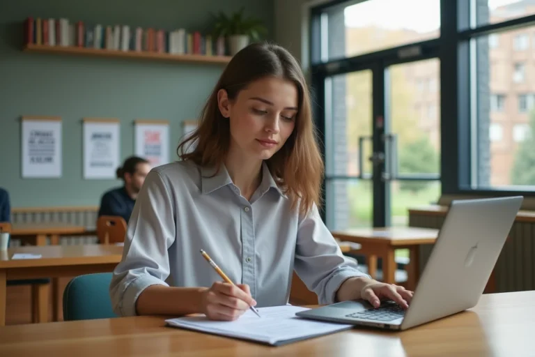 Jeune femme assise remplissant un formulaire sur un ordinateur portable