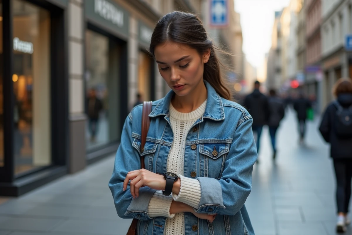 Jeune femme vérifiant discrètement sa montre en marchant en ville