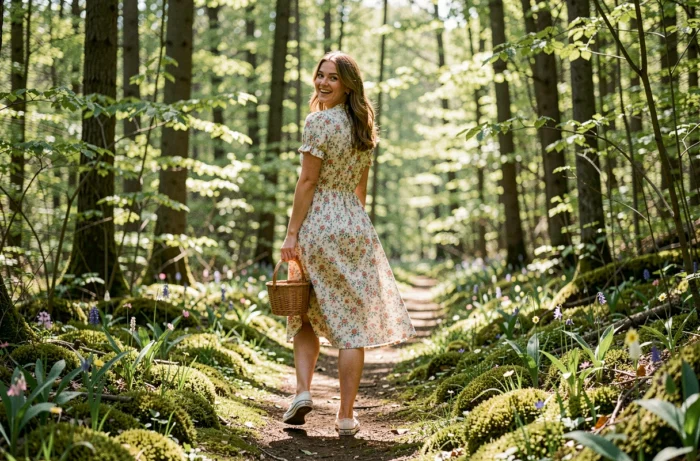 Jeune femme se promenant sur un sentier forestier fleuri au printemps, exprimant la joie du renouveau et de l'énergie printanière
