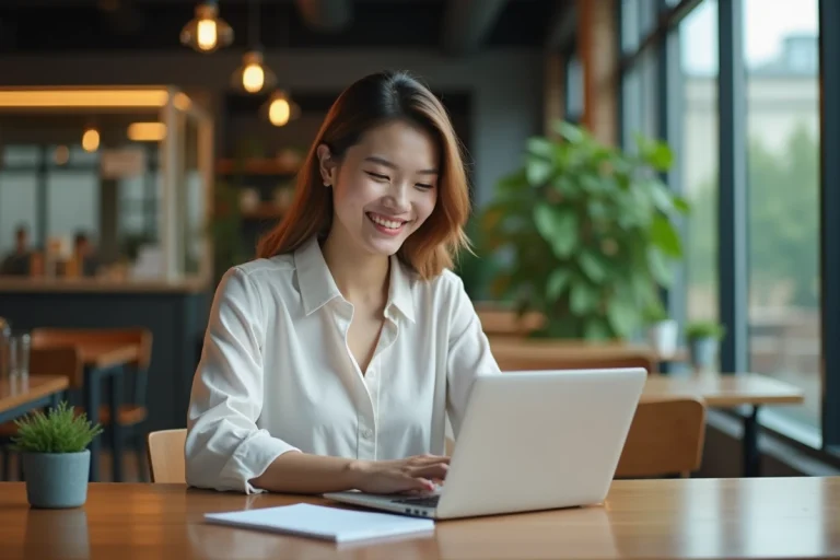 Jeune femme professionnelle souriante travaillant sur un ordinateur portable dans un espace coworking moderne