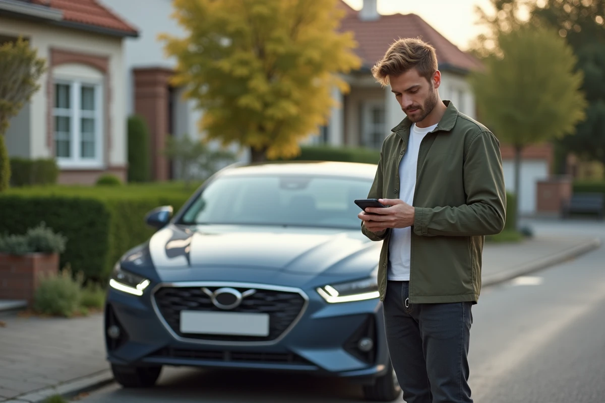 Jeune homme utilisant une application sur son smartphone à côté de sa voiture