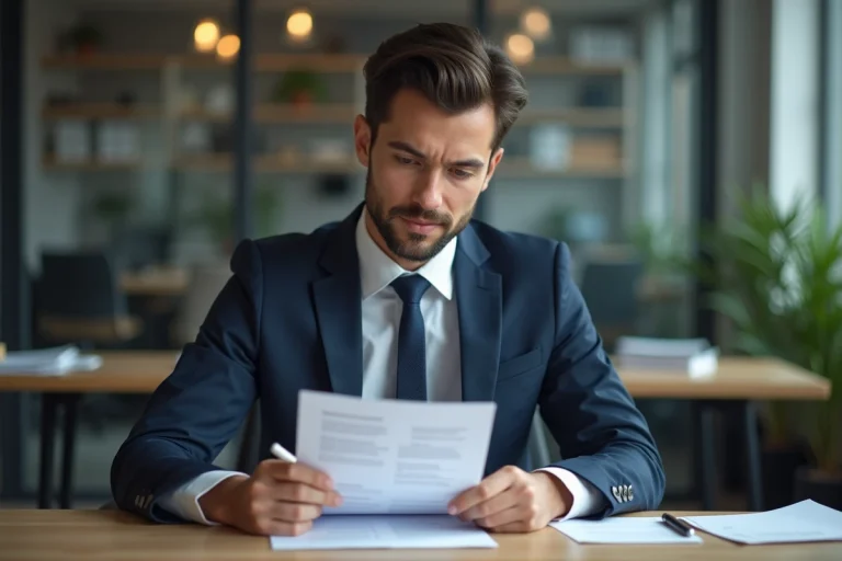 Jeune homme en costume regardant son CV dans un bureau moderne