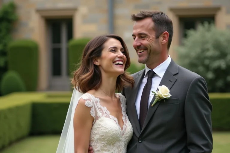 Jeune femme en robe de mariée souriante avec son mari dans un jardin