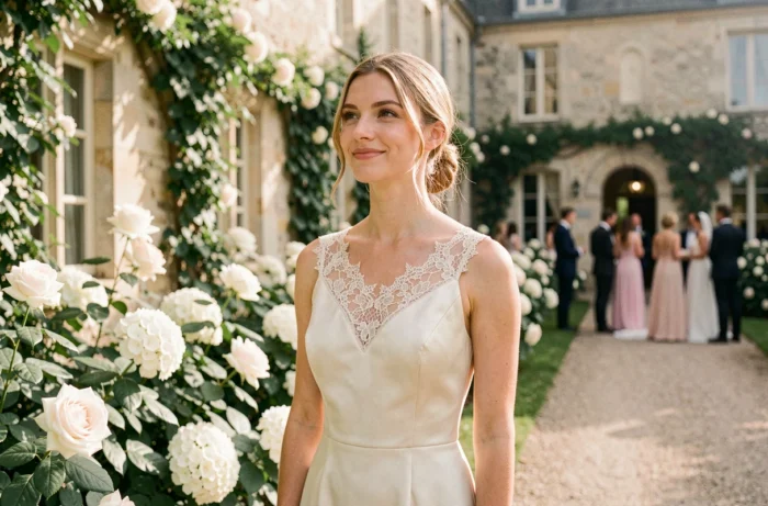 Jeune femme en robe de mariée ivoire dans un jardin de château français entouré de roses blanches