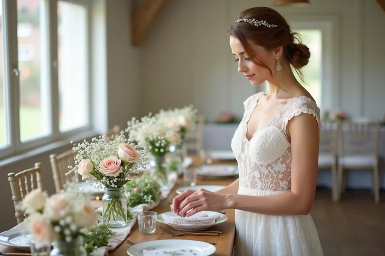 Jeune femme en robe de mariée arrangeant des roses pastel