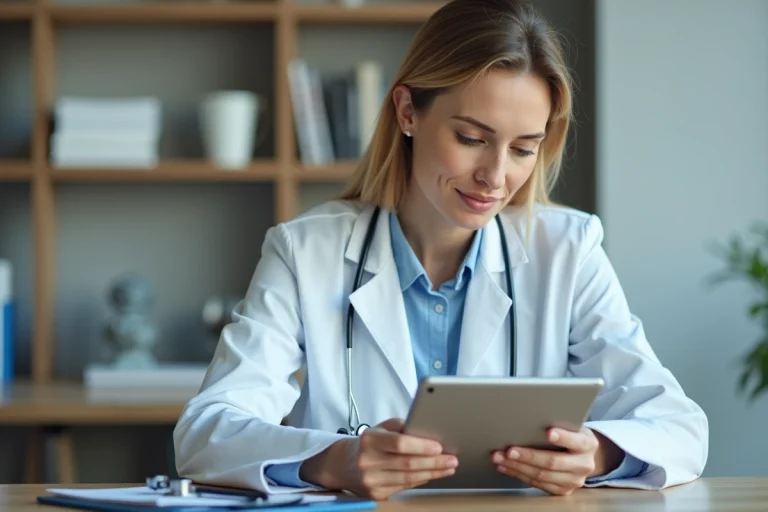 Médecin utilisant une tablette numérique pour gérer les dossiers patients dans un cabinet médical moderne