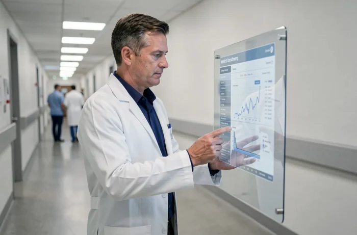 Médecin consultant une interface numérique de données patients dans un couloir d'hôpital moderne avec technologie médicale avancée