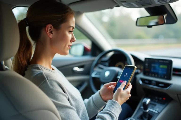 Femme vérifiant une confirmation de paiement Blablacar sur son smartphone dans une voiture en mouvement