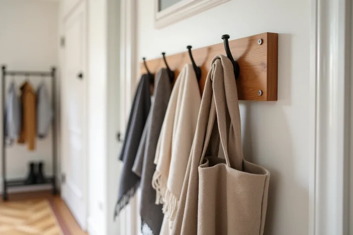 Patère en bois fixée sur une porte creuse avec sacs et écharpes accrochés