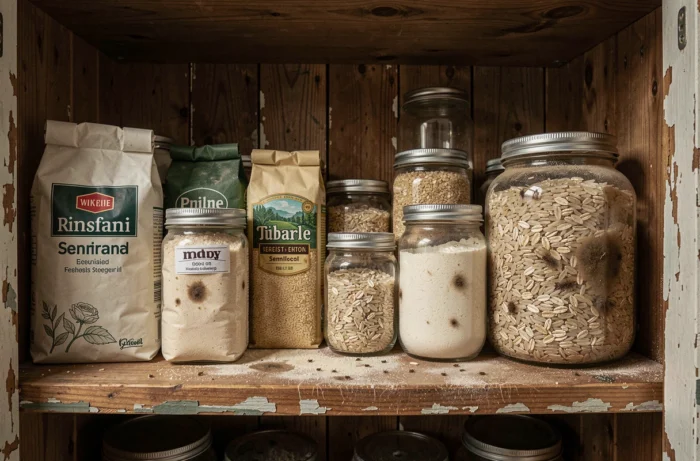 Étagère de placard cuisine avec des denrées sèches contaminées par des acariens de la farine et des résidus visibles