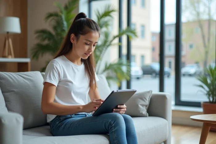 Adolescente préparant le BSR sur tablette dans un salon moderne