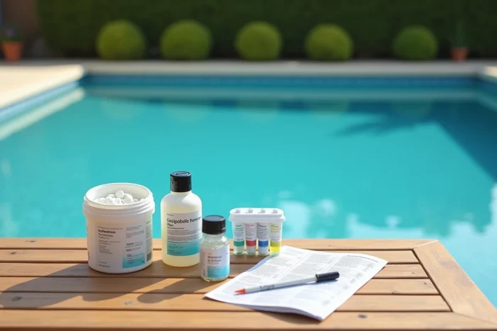 Produits d'entretien de piscine disposés sur une table en teck incluant chlore, clarifiant et kit de test de l'eau