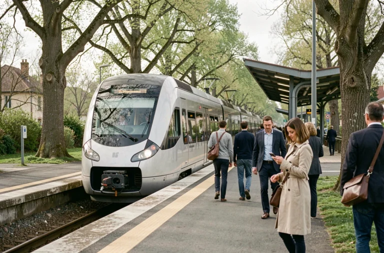 Quai du RER A avec un train en gare d'une ville résidentielle boisée de la région parisienne, évoquant l'accessibilité et l'attractivité immobilière du Vésinet