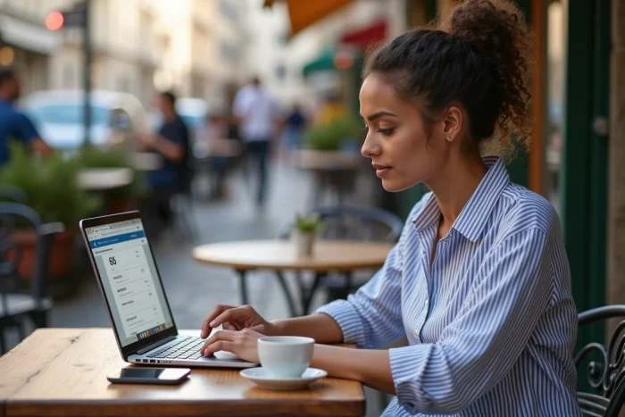 Jeune femme en terrasse de café recherchant sur ordinateur à qui appartient un numéro de téléphone 06