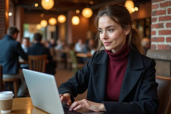 Jeune femme consultant les détails de paiement Blablacar sur un ordinateur portable dans un café
