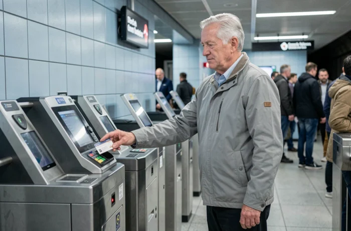 Retraité validant sa carte de transport senior dans une station de métro moderne