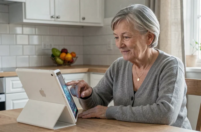 Retraitée Orange utilisant une tablette pour accéder au kiosque des retraités