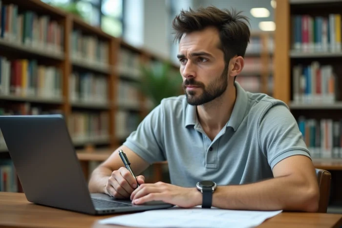 Homme adulte révisant le BSR en ligne dans une bibliothèque publique avec des notes imprimées