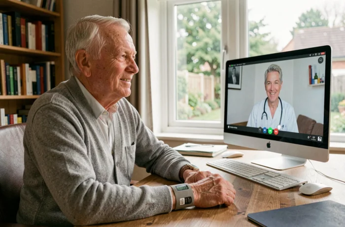 Homme âgé en téléconsultation médicale depuis son domicile grâce à la technologie de santé connectée et au suivi à distance