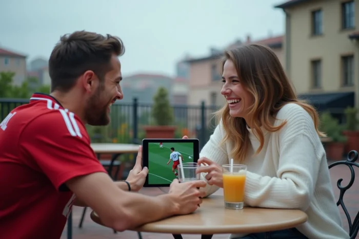 Deux amis regardant un match en streaming légal sur une tablette en terrasse