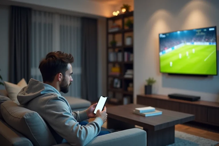 Homme regardant un match de football en streaming légal sur sa télévision depuis son salon
