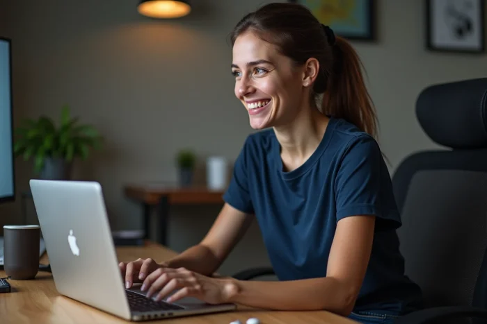 Femme regardant un match sportif en streaming légal sur son ordinateur portable à domicile