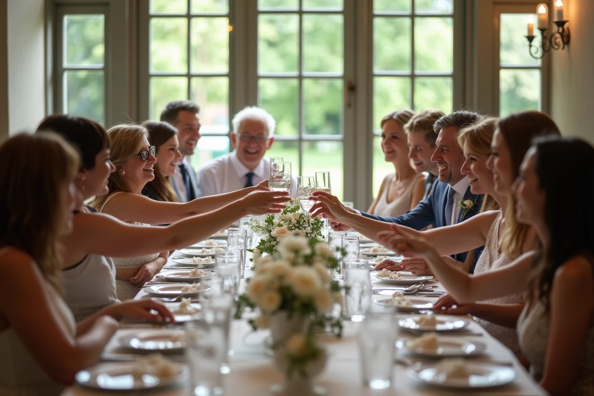 Groupe d invités autour d une table de mariage en intérieur