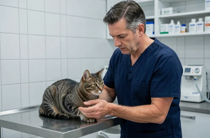 Vétérinaire examinant un chat tigré lors d'une consultation dans une clinique vétérinaire moderne, symbole du soin animal professionnel